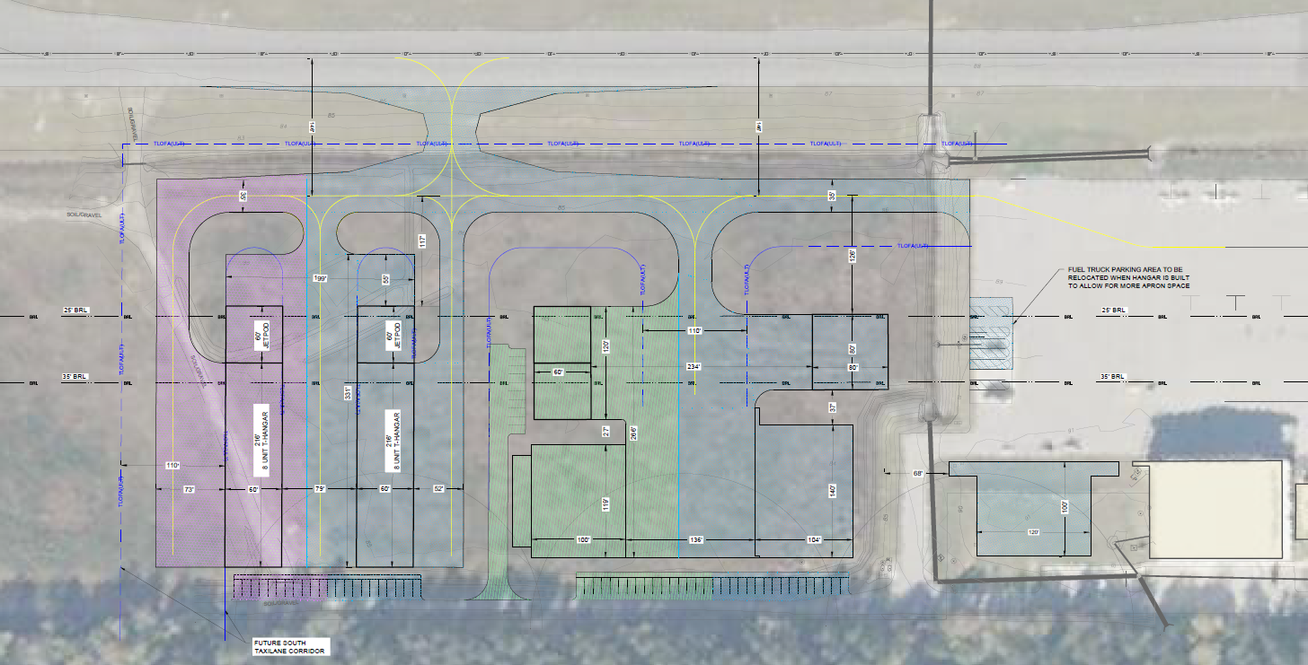 Albert J. Ellis Airport hangar site plan showing 8-unit T-hangars, box hangars, jet pods, apron dimensions, and a future south taxilane corridor