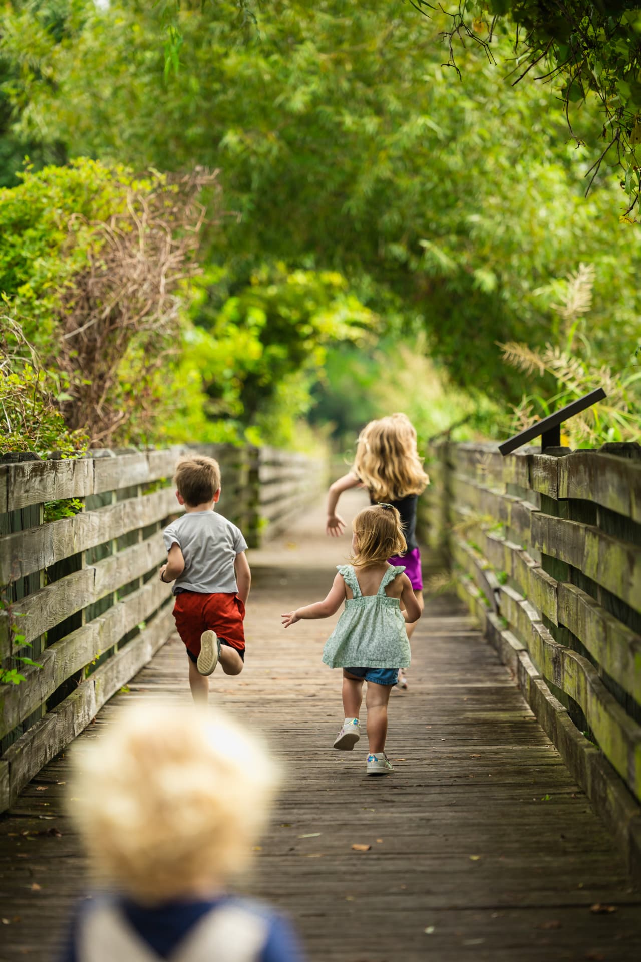 Children running along a wetlands boardwalk in Jacksonville, NC