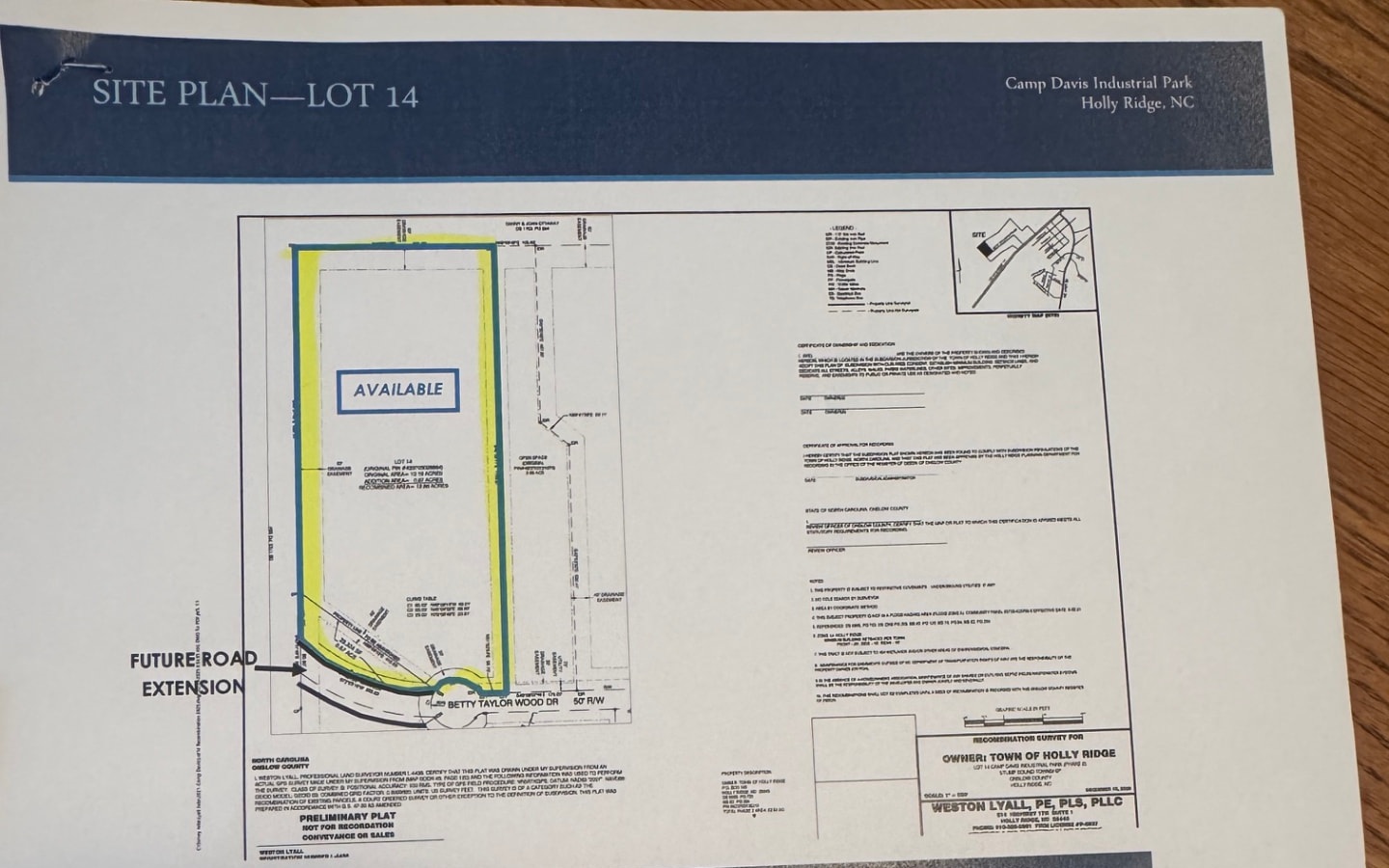 Lot 14 site plan showing the available 12.86-acre parcel and future road extension