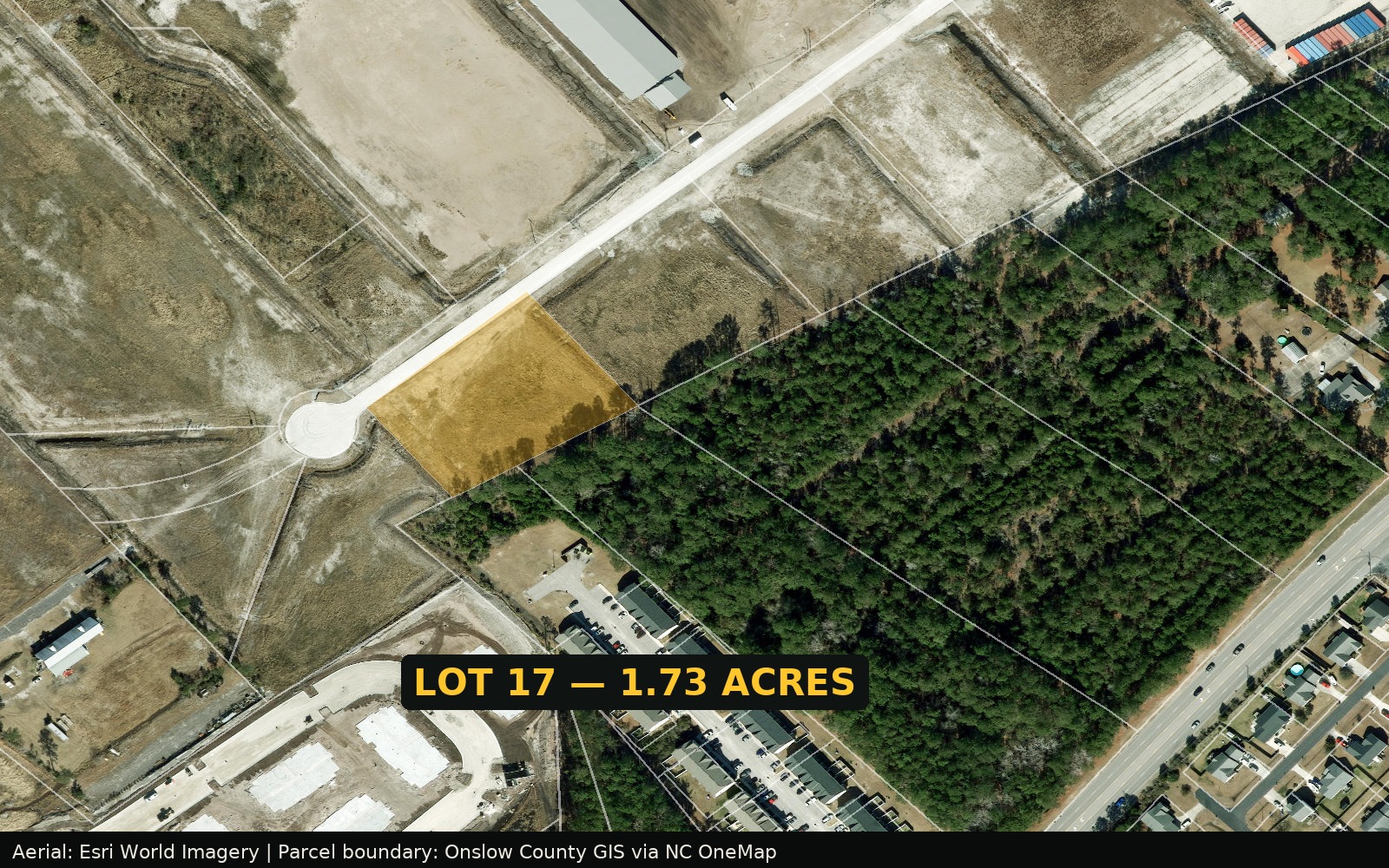 County GIS aerial map of Camp Davis Industrial Park Phase II with the 1.73-acre Lot 17 highlighted in gold at the end of Betty Taylor Wood Road — Holly Ridge, North Carolina