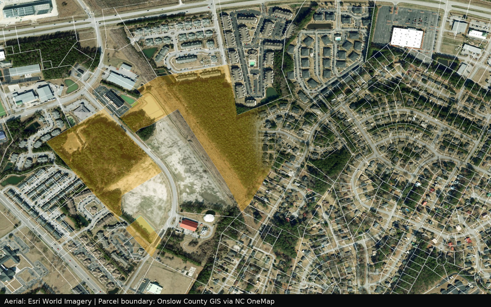 County GIS aerial map of Jacksonville Business Park with 40 available acres along New Frontier Way outlined and highlighted in gold — Jacksonville, North Carolina