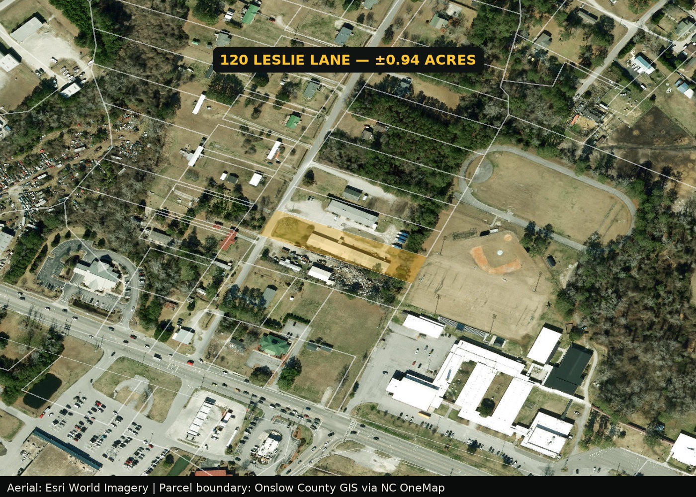 County GIS aerial map with the Swansboro Commercial Building property highlighted